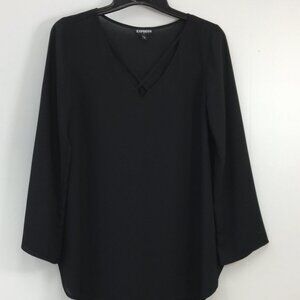 Express Women's Sheer Weave V-Neck Long Sleeve Lightweight Black Blouse Size M